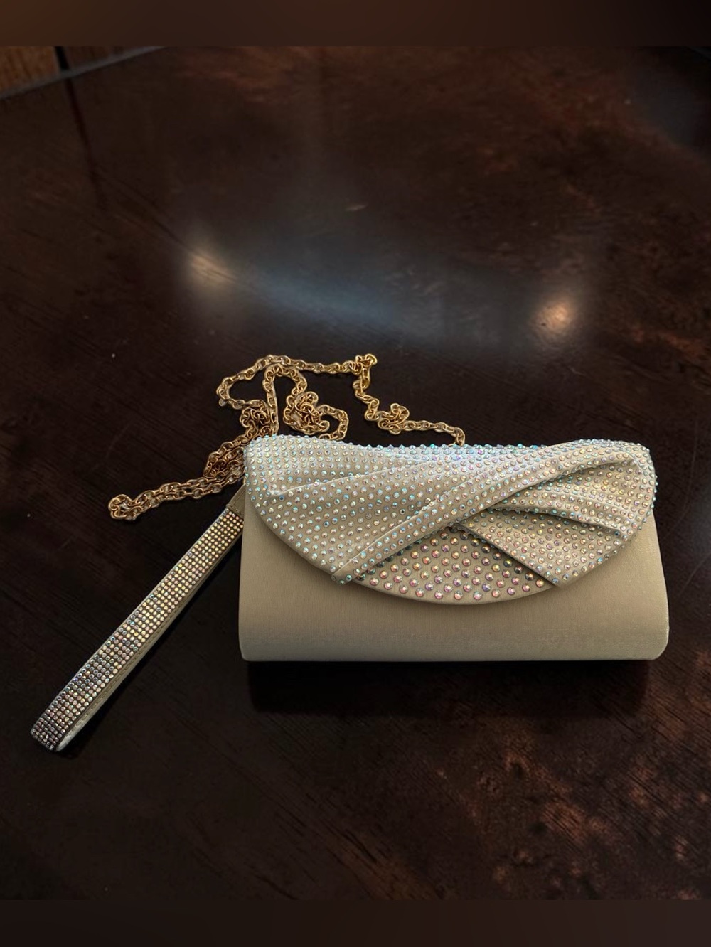 Jessica McClintock Iridescent Crystal Strap Evening Clutch in Champagne